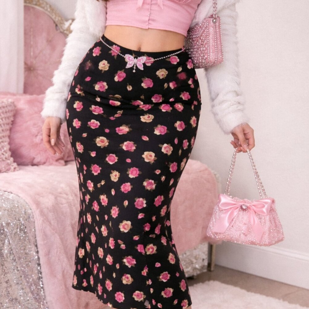 Vintage Express Y2K floral midi skirt cottagecore whimsigoth feminine cottage